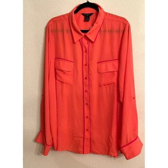 Investments Blouse Size 3X Coral/Pink Orange Red Slight  Hi Lo Hem Button Down - Picture 1 of 8